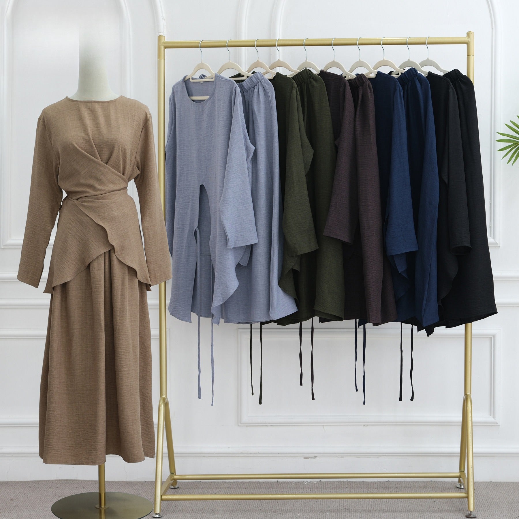Cross-Wrap Waist Top & A-Line Maxi Skirt Set(MS475)