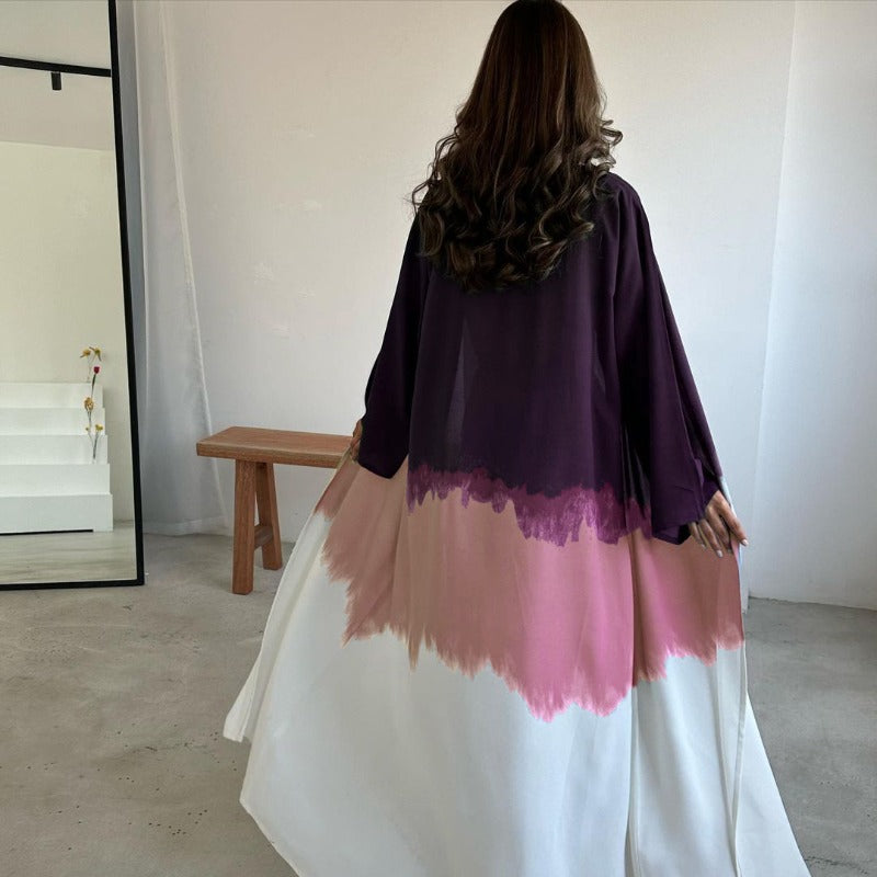 Tie-Dye Cape Cardigan Dress Abaya | Gradient Open Front Kimono Cover(MOA221)