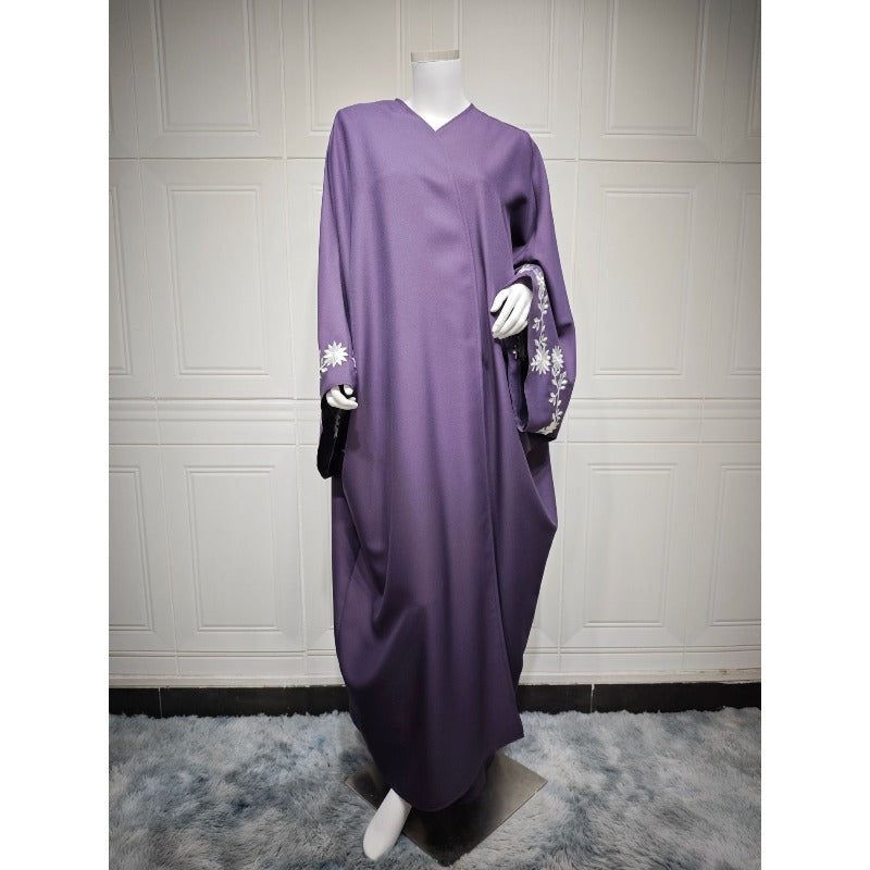 Embroidered Batwing Sleeve Abaya Set | Linen Blend Open Cardigan with Matching Hijab 2-Piece(MOA233)