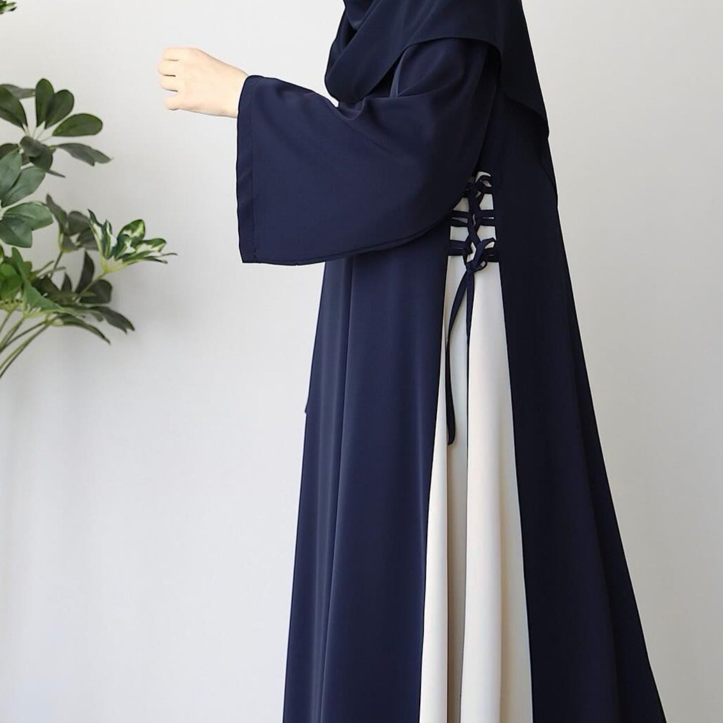 Colorblock Side-Tie Abaya | Two-Tone Round Neck Maxi Dress(MA362)