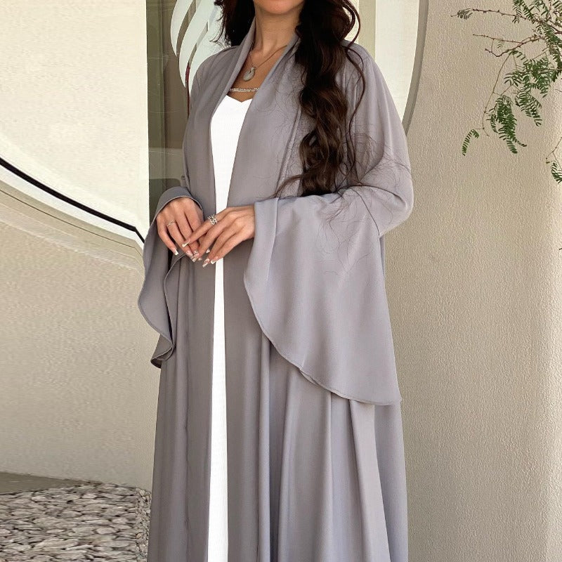 Lotus Leaf Sleeve Solid Soft Satin Open Front Abaya Dress | Lightweight Modest Abaya Cover(MOA220)