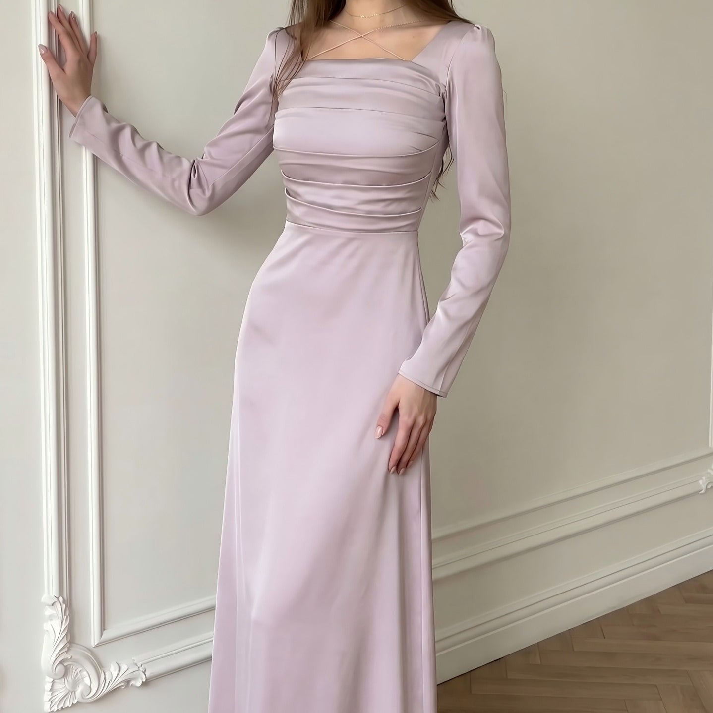 Ruched Bodice Satin Maxi Dress(MS446)