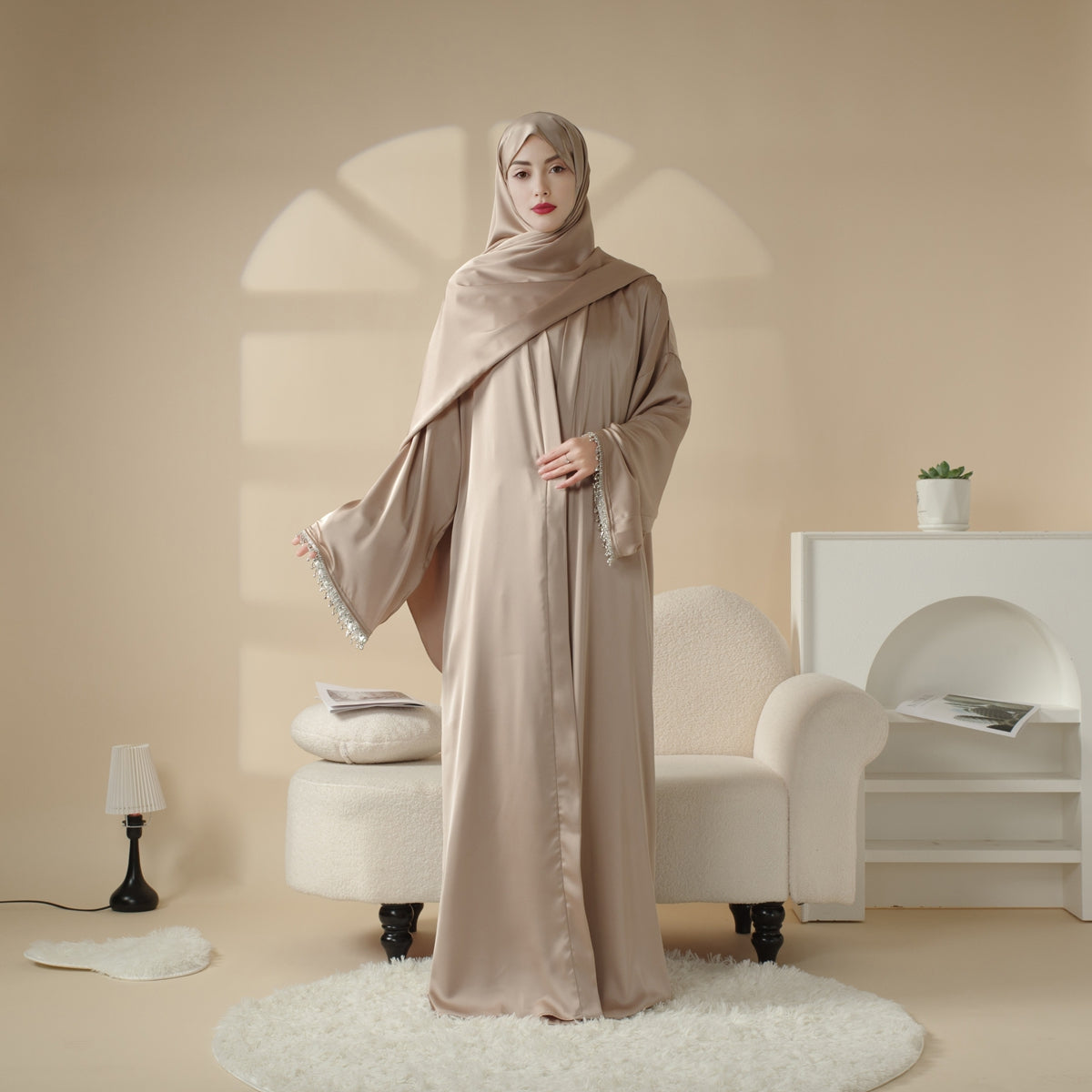 Archive Piece Satin Abaya With Matching Belt Made Of Diamond Tassel - MP003 (Size XXS Only)