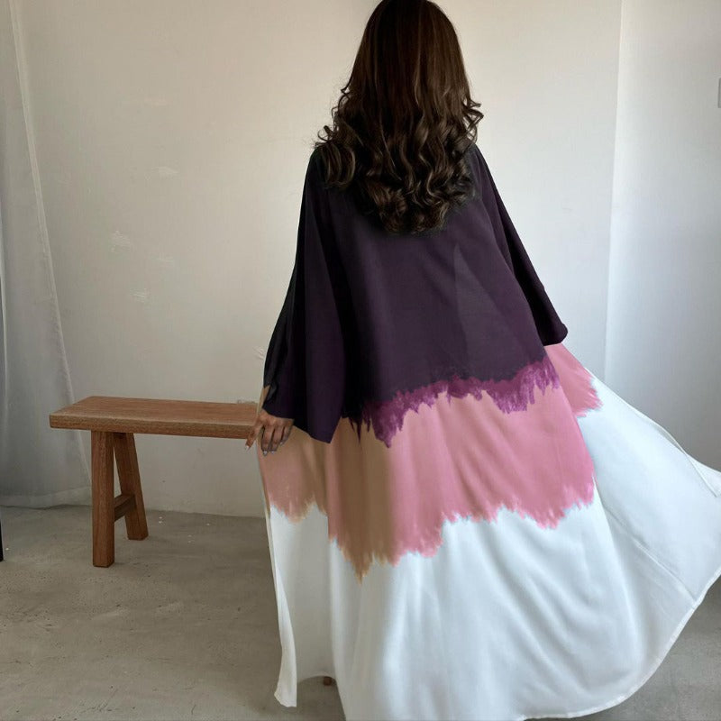 Tie-Dye Cape Cardigan Dress Abaya | Gradient Open Front Kimono Cover(MOA221)
