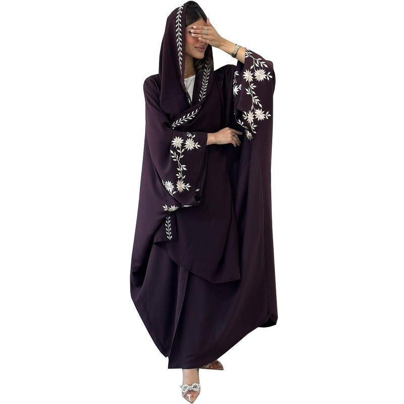 Embroidered Batwing Sleeve Abaya Set | Linen Blend Open Cardigan with Matching Hijab 2-Piece(MOA233)