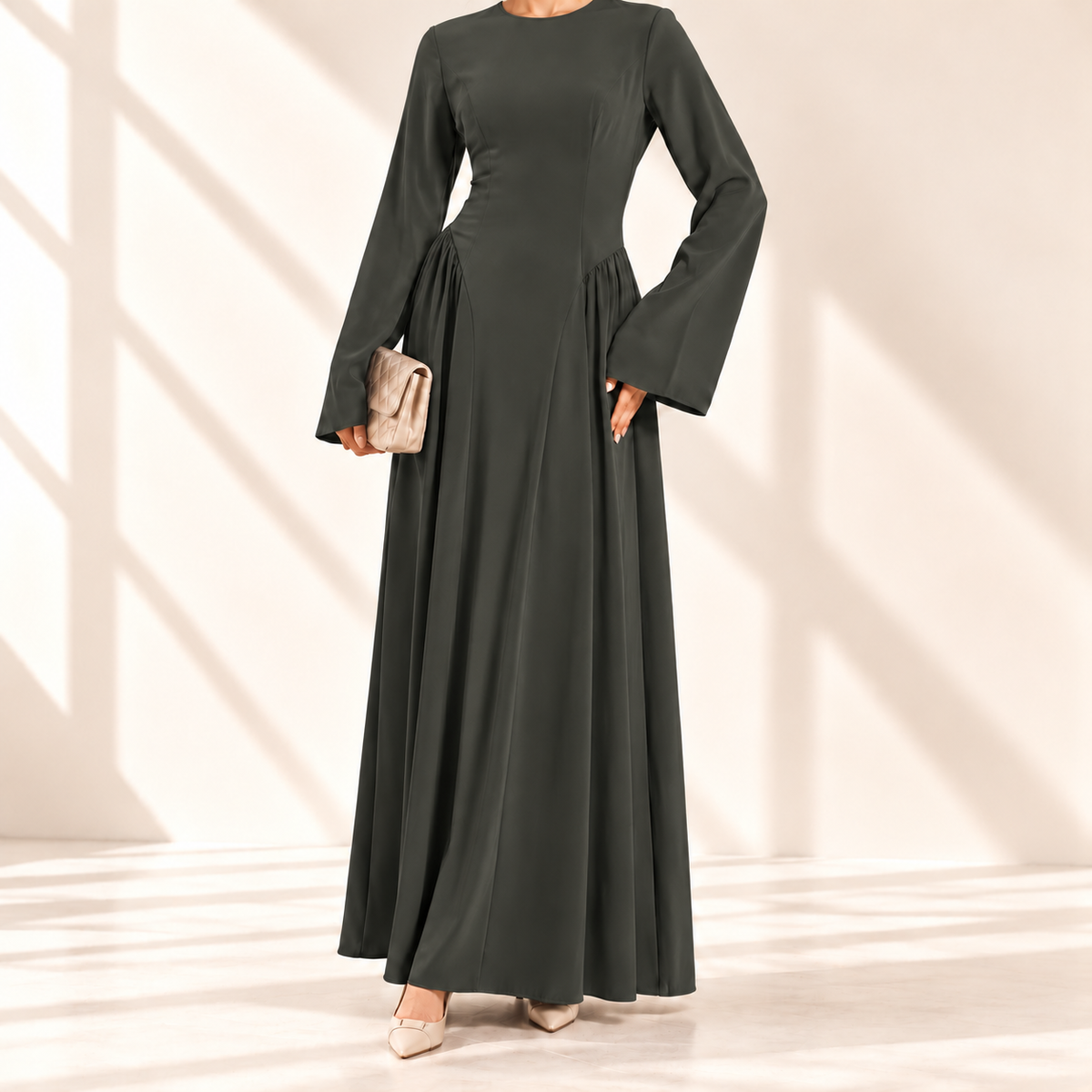 Nida Flared Maxi Dress with Pleated A-Line Skirt & Wide Bell Sleeves(MS435)
