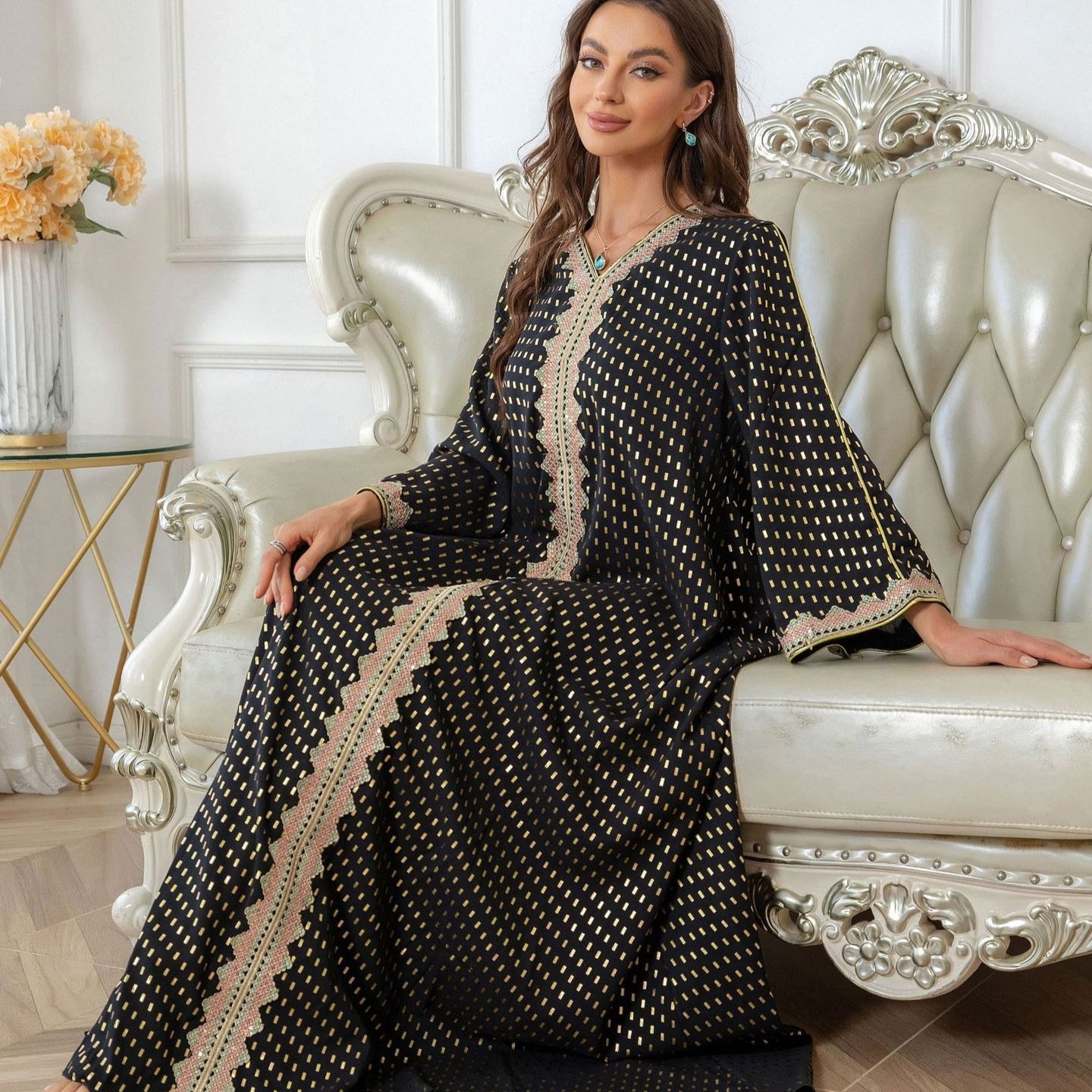Metallic Embroidered Lace Trim Abaya(MA367)