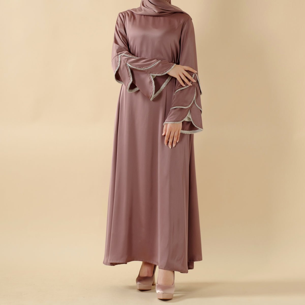 3 - Layer Diamond Ruffle Sleeve Abaya With Pockets (MA040) - Mariam's Collection