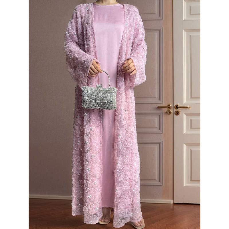 Mesh Flower Bead Open Abaya and Satin Interior Dress 2-Piece Set  | Elegant Muslim Wedding Guest Outfit(MOA222)