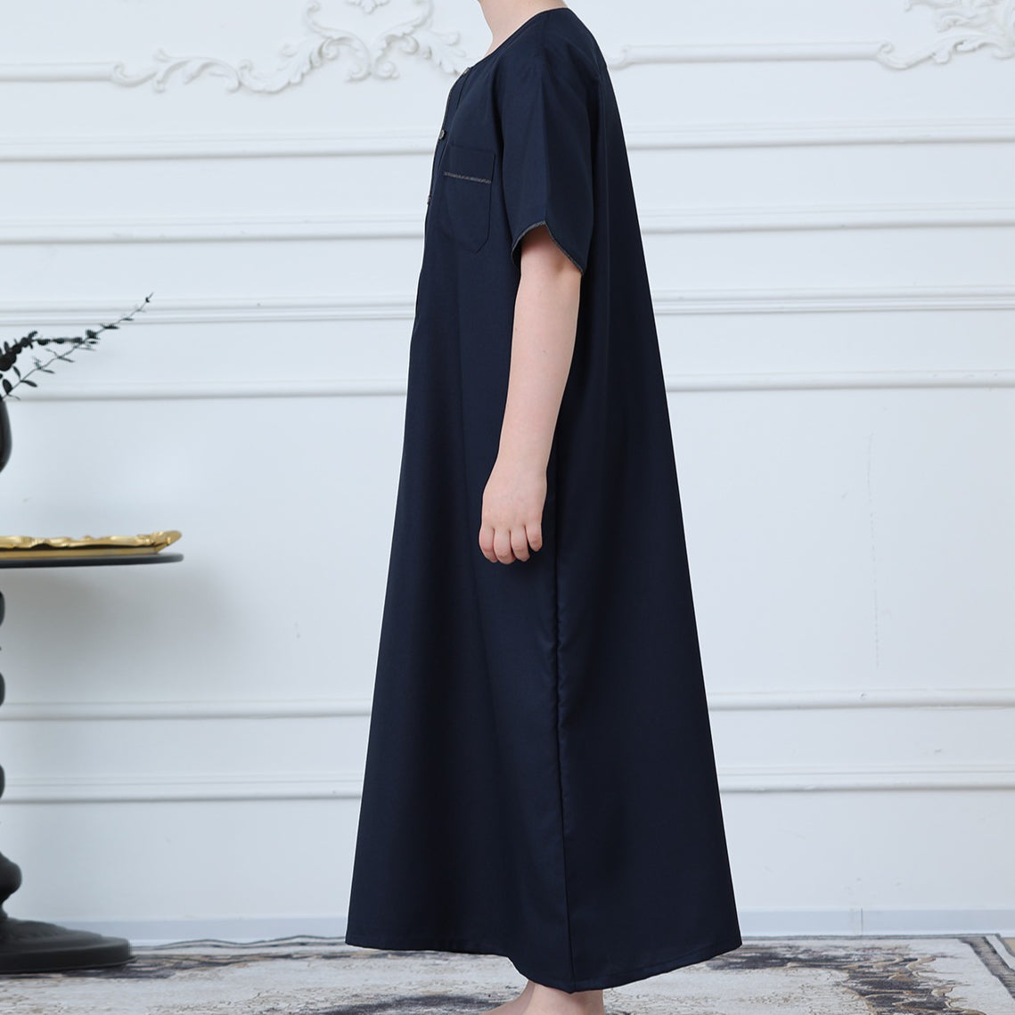 Boys Navy Short Sleeve Thobe with Chest Pocket(MKB022)