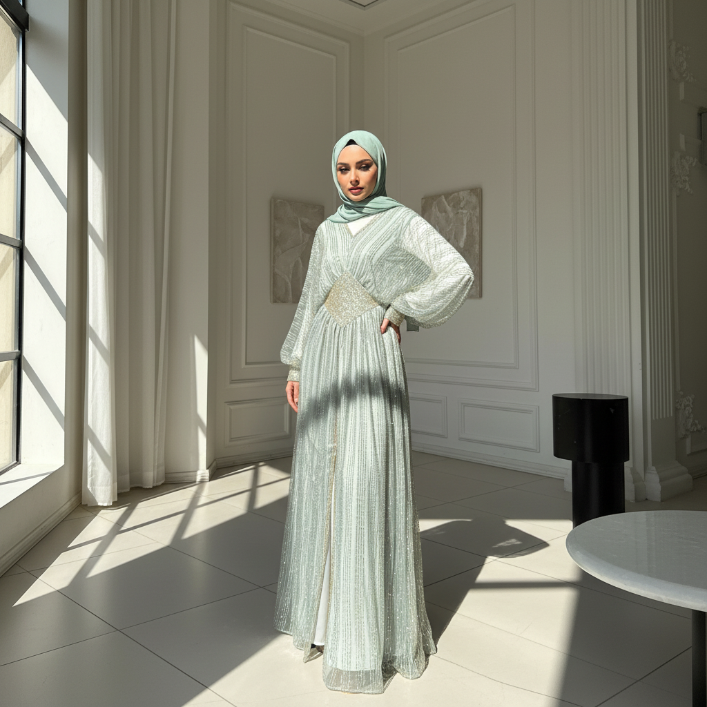Crystal-Embellished Elegant Abaya with Defined Waist Silhouette(MA391)