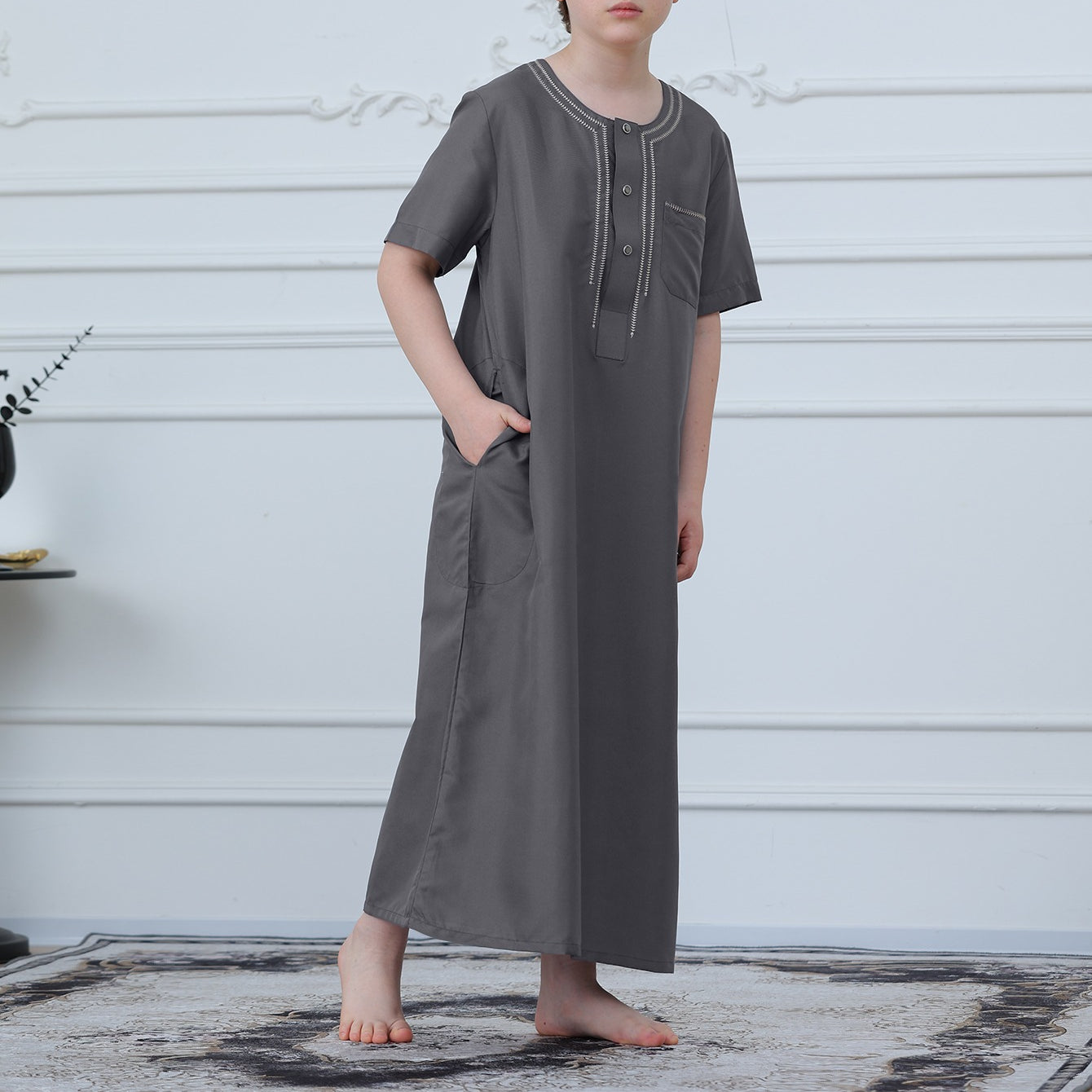 Boys Short Sleeve Embroidered Thobe with Pockets(MKB015)