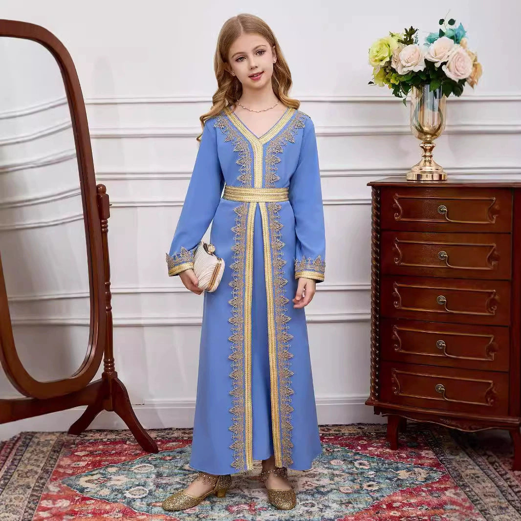 Girls V-Neck Patchwork Lace Kid Abaya(MKG010)