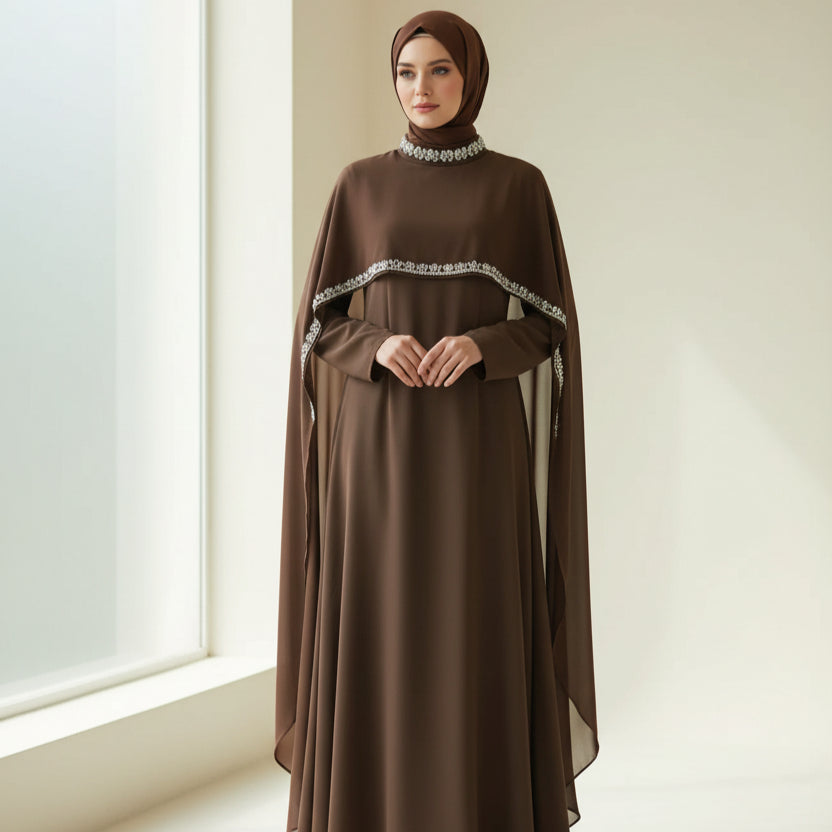 Celestial Rhinestone Cape Abaya | Luxury 2-Piece Set(MA344)