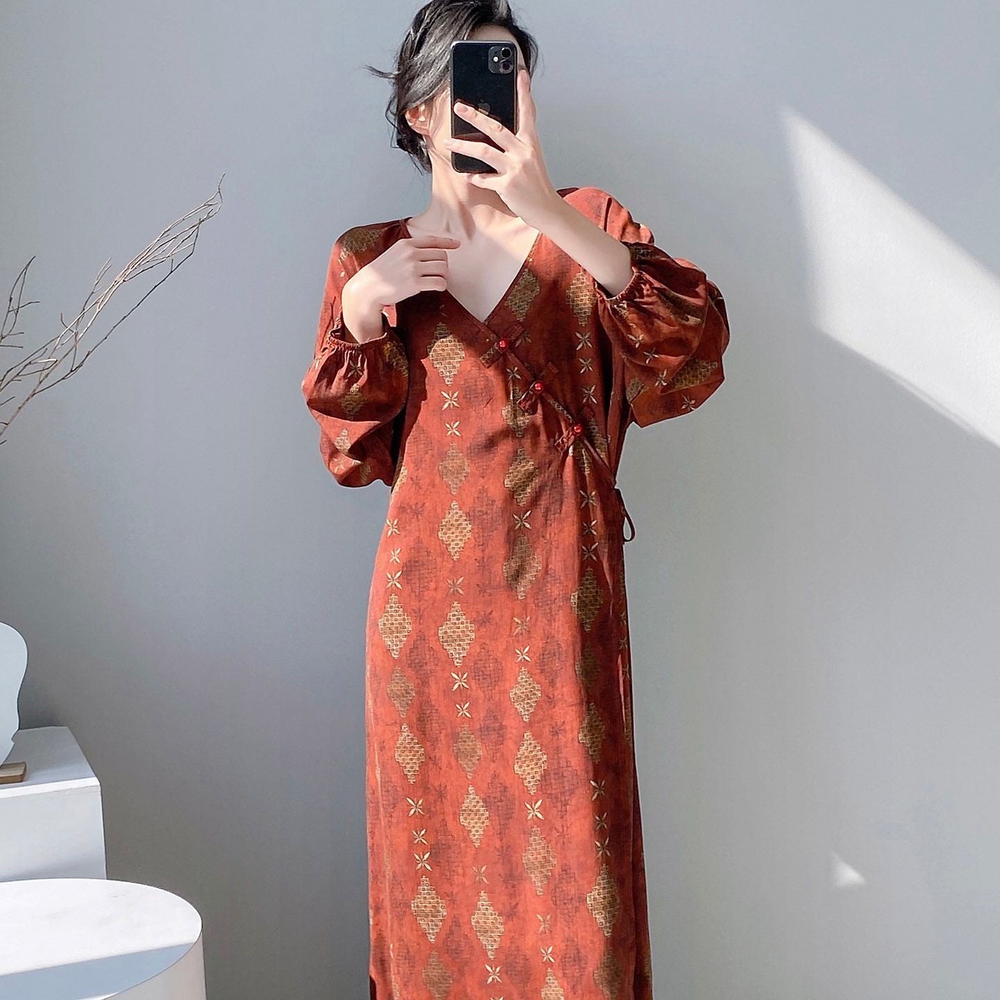 Chinese Style Jacquard & Print Maxi Wrap Dress(MS424)