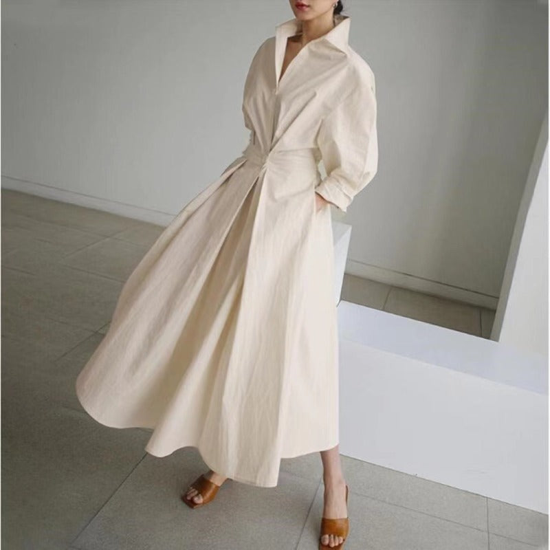 Cotton Linen Polo Collar Long Sleeve Maxi Dress(MS116)