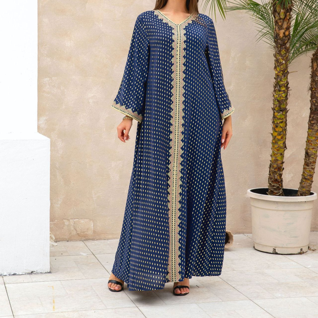 Metallic Embroidered Lace Trim Abaya(MA367)