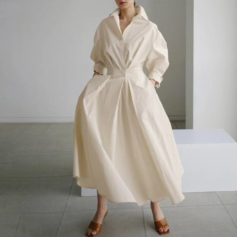 Cotton Linen Polo Collar Long Sleeve Maxi Dress(MS116)
