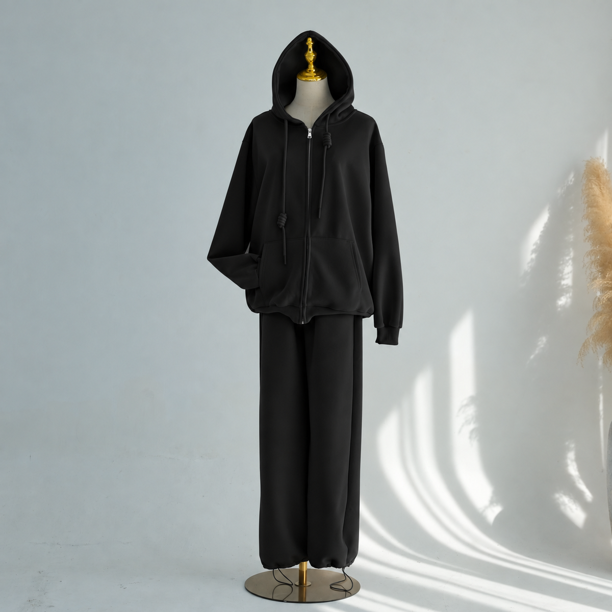 Zip-Up Hoodie & Wide-Leg Pants Set | Casual Modest Athleisure Two-Piece Outfit(MS595)