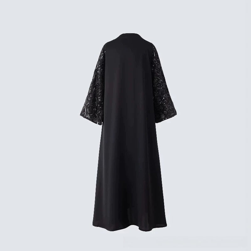 Black Sequin & Bead Embroidered Sleeve Open Abaya(MOA339)