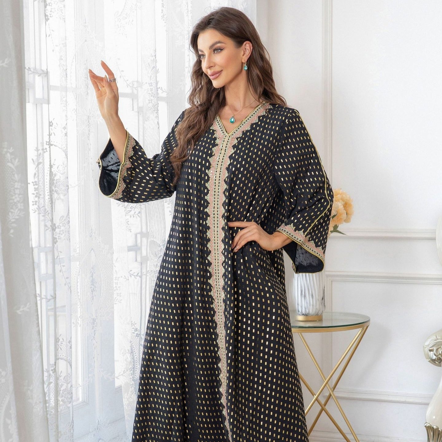 Metallic Embroidered Lace Trim Abaya(MA367)