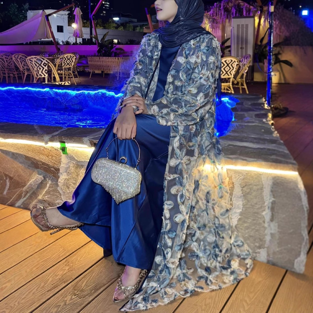 3D Floral Embroidered Mesh Open Abaya Set – Party Abaya
