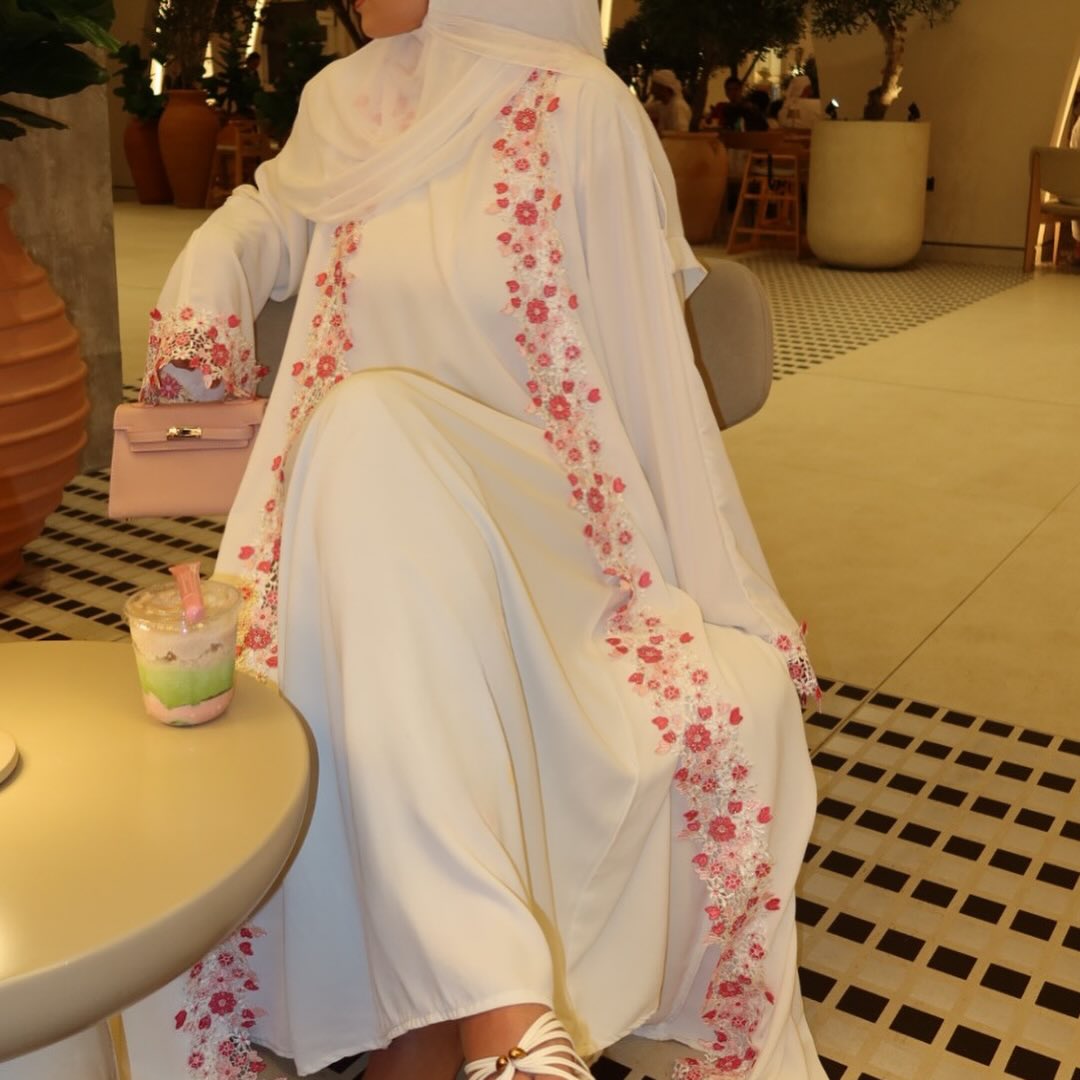 3D Floral Embroidered Nida Open Abaya Set | Inner Dress & Hijab(MOA356) - Mariam's Collection