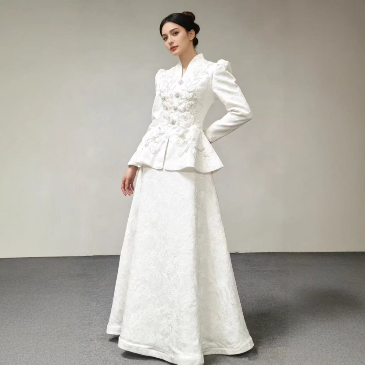 3D Floral Embroidered Peplum Top & Maxi Skirt – Bridal Abaya Set