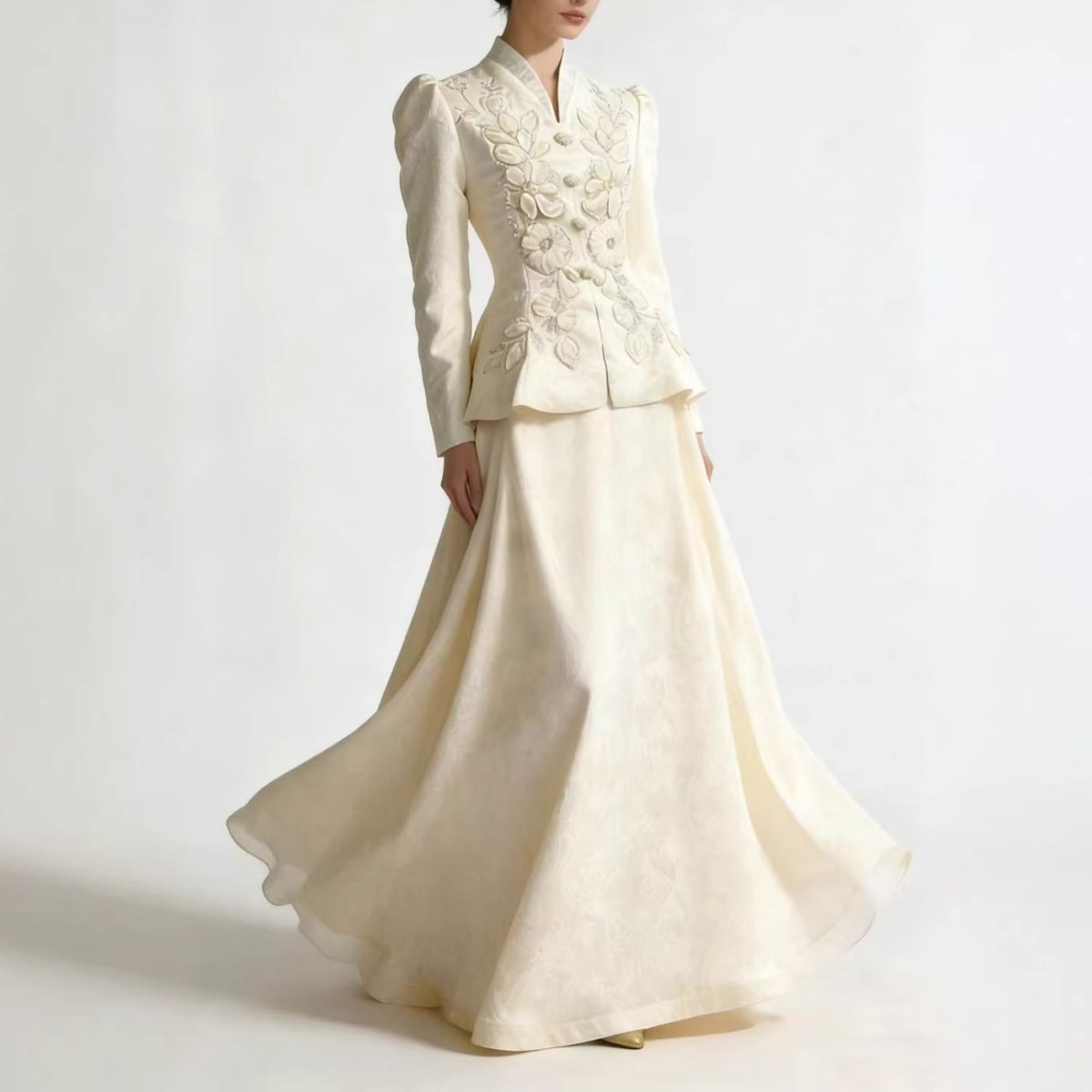 3D Floral Embroidered Peplum Top & Maxi Skirt – Bridal Abaya Set