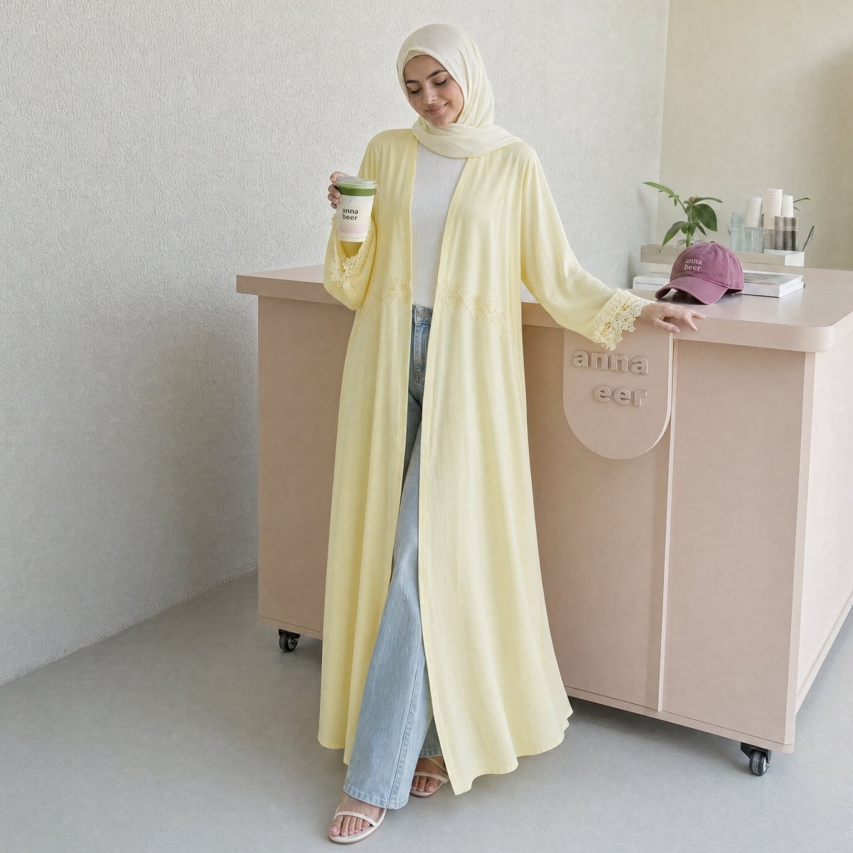 3D Floral Lace Trim Open Abaya(MOA336) - Mariam's Collection