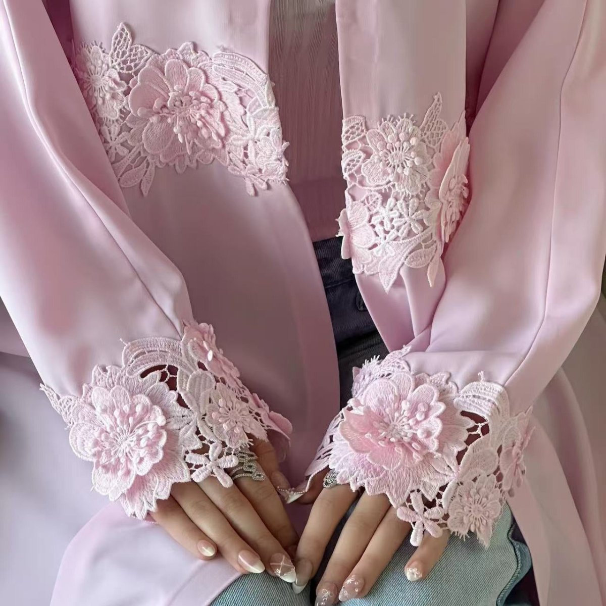 3D Floral Lace Trim Open Abaya(MOA336) - Mariam's Collection