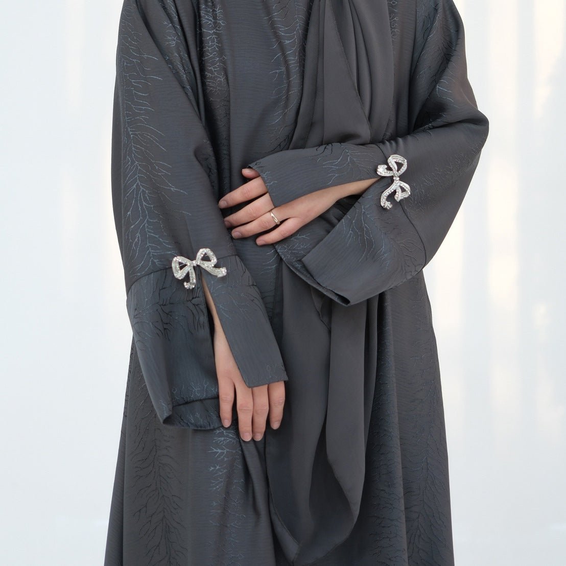 3D Jacquard Bow Abaya & Hijab Set | Butterfly Sleeve Brocade Dress(MA352) - Mariam's Collection