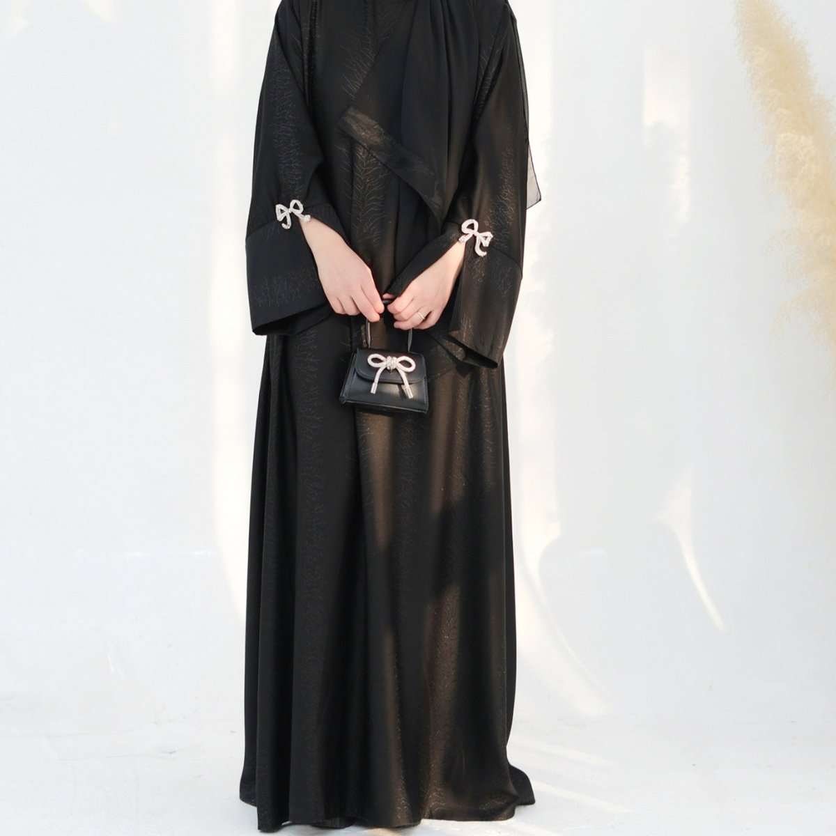 3D Jacquard Bow Abaya & Hijab Set | Butterfly Sleeve Brocade Dress(MA352) - Mariam's Collection