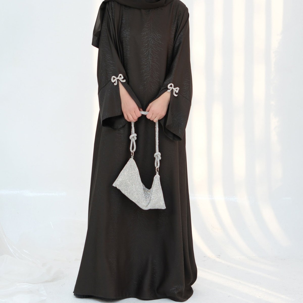 3D Jacquard Bow Abaya & Hijab Set | Butterfly Sleeve Brocade Dress(MA352) - Mariam's Collection