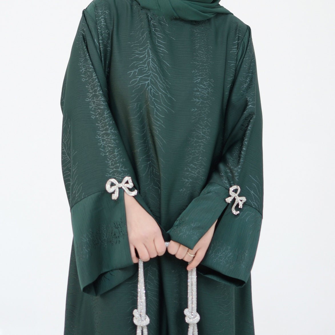 3D Jacquard Bow Abaya & Hijab Set | Butterfly Sleeve Brocade Dress(MA352) - Mariam's Collection