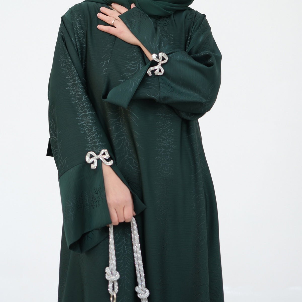 3D Jacquard Bow Abaya & Hijab Set | Butterfly Sleeve Brocade Dress(MA352) - Mariam's Collection