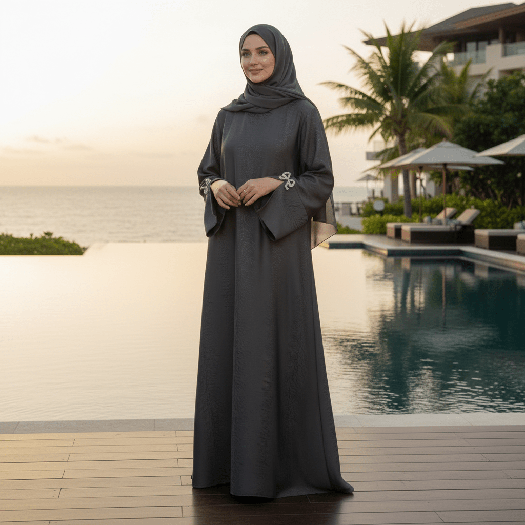 3D Jacquard Bow Abaya & Hijab Set | Butterfly Sleeve Brocade Dress(MA352) - Mariam's Collection
