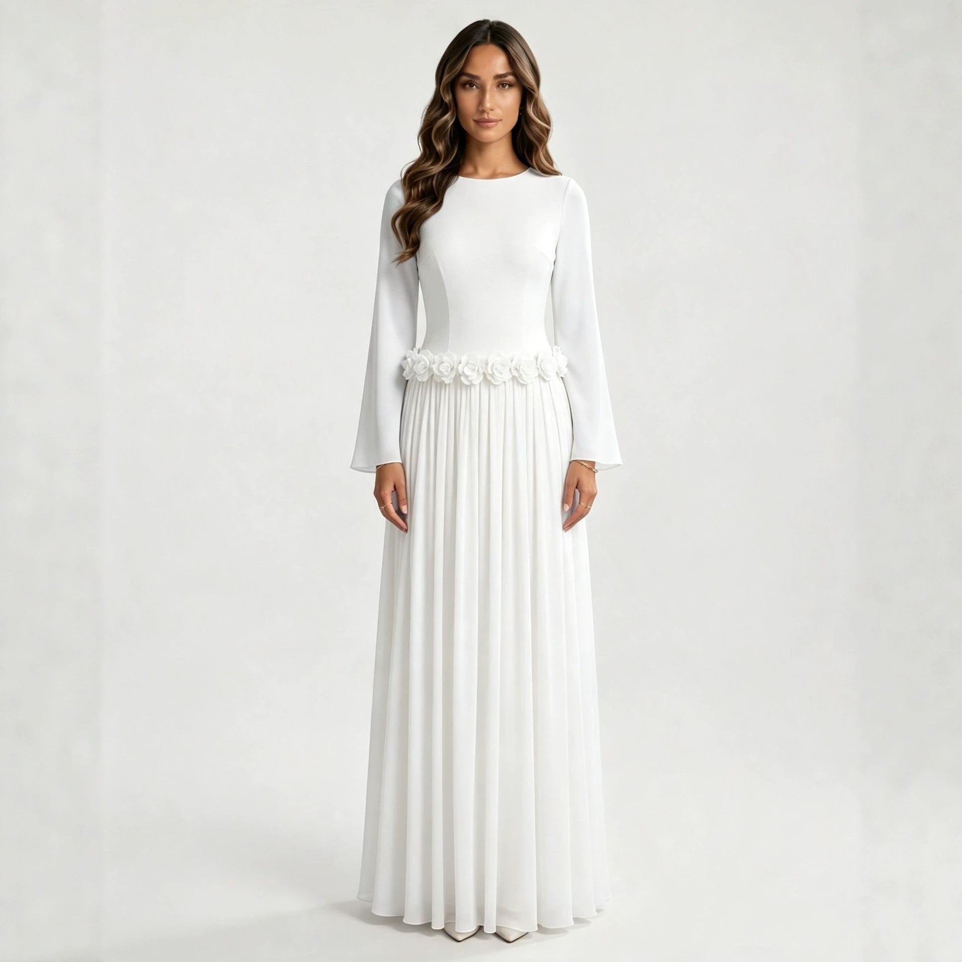 Front view of handcrafted 3D rose waistband on fitted maxi dress