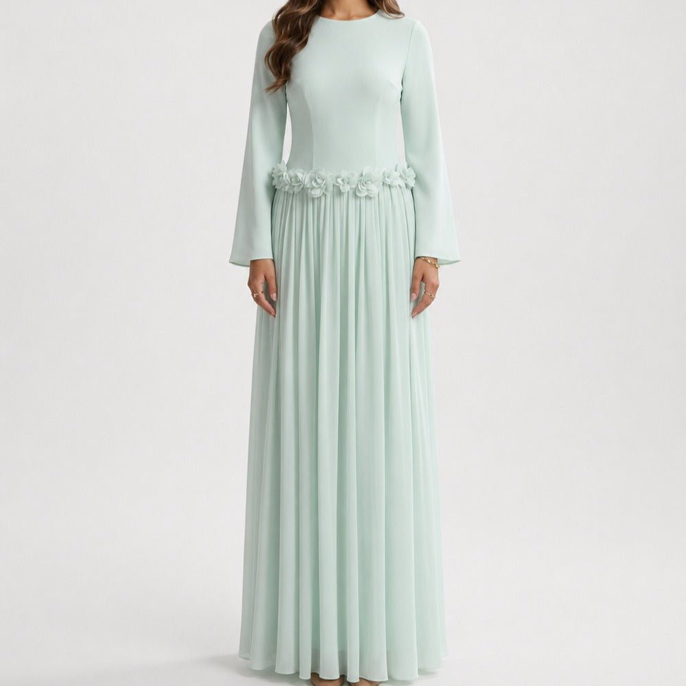 Sky blue colourway of 3D rose maxi dress for Eid and semi-formal occasions