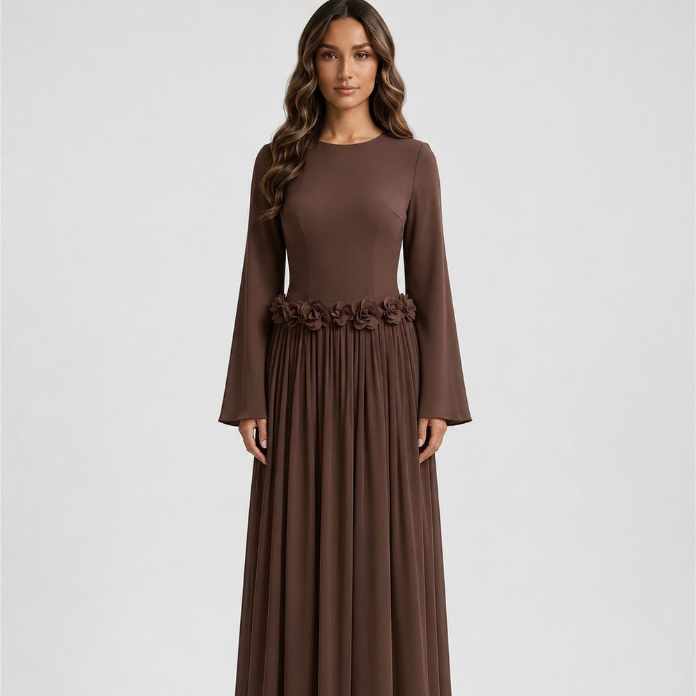 Close-up of tonal 3D rose embellishment across natural waist