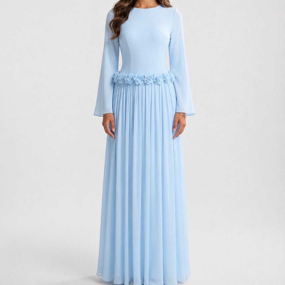 Full pleated chiffon skirt falling to floor-trailing hem