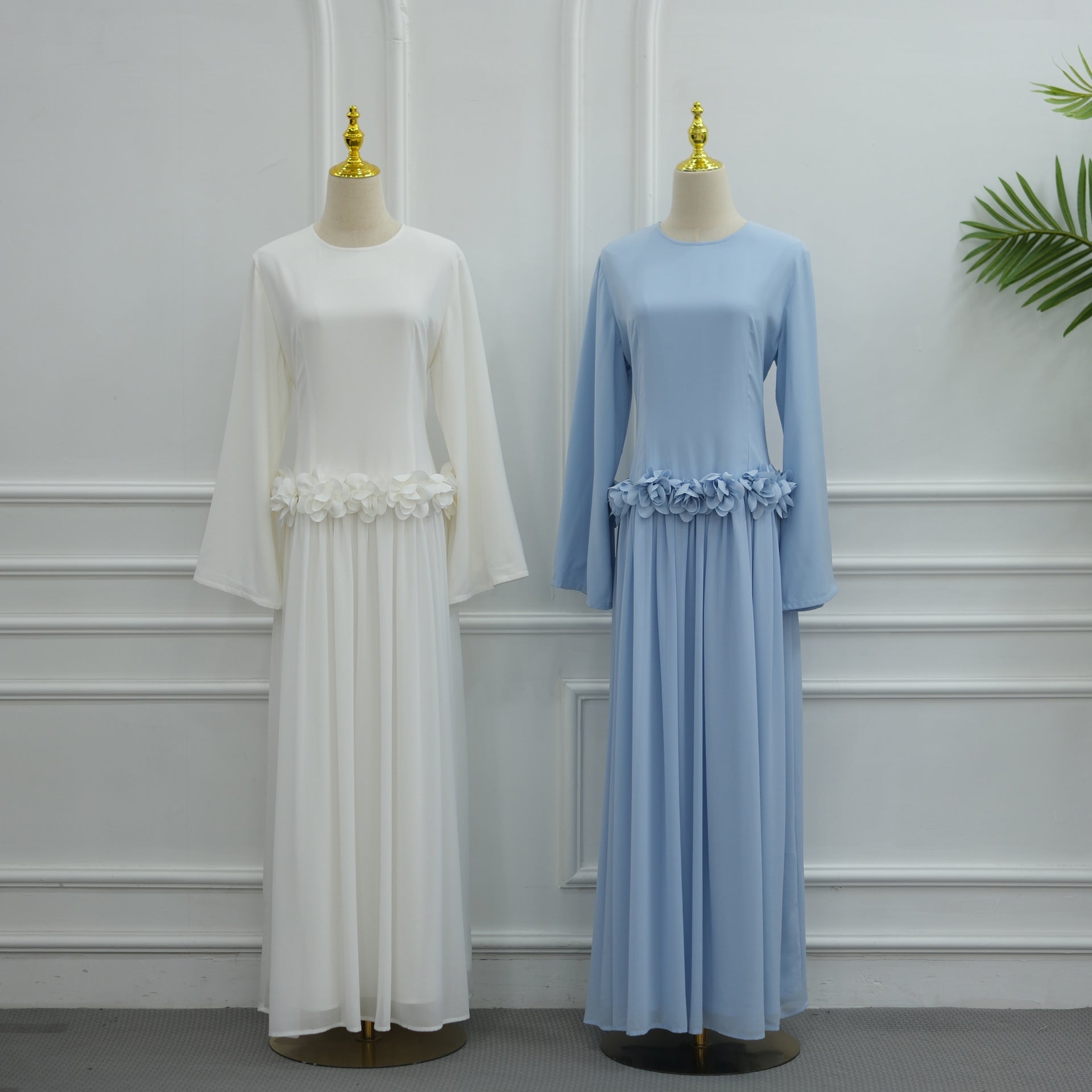 Floor-trailing chiffon hem of 3D rose maxi dress in motion