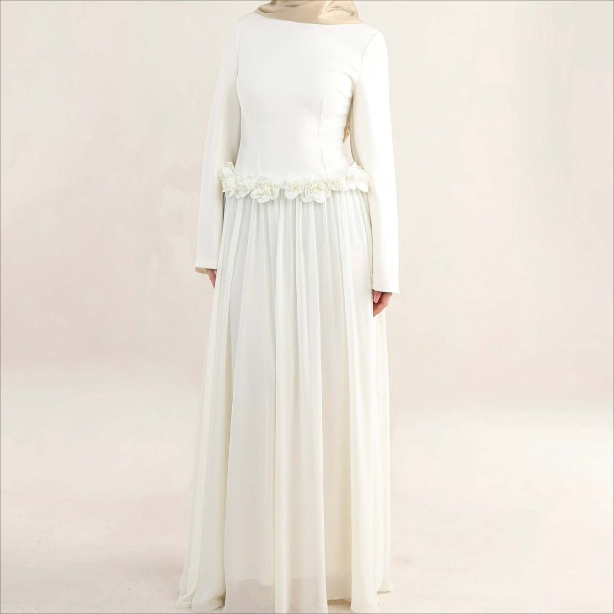 Ivory colourway of 3D rose fitted maxi dress for Nikkah and Walima