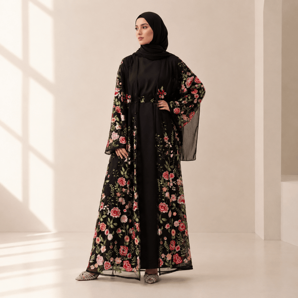 3D - Style Rose Garden Embroidered Open Abaya (MOA275) - Mariam's Collection