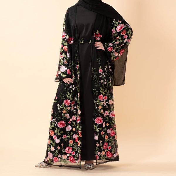 3D - Style Rose Garden Embroidered Open Abaya | Pre Order (MOA275) - Mariam's Collection