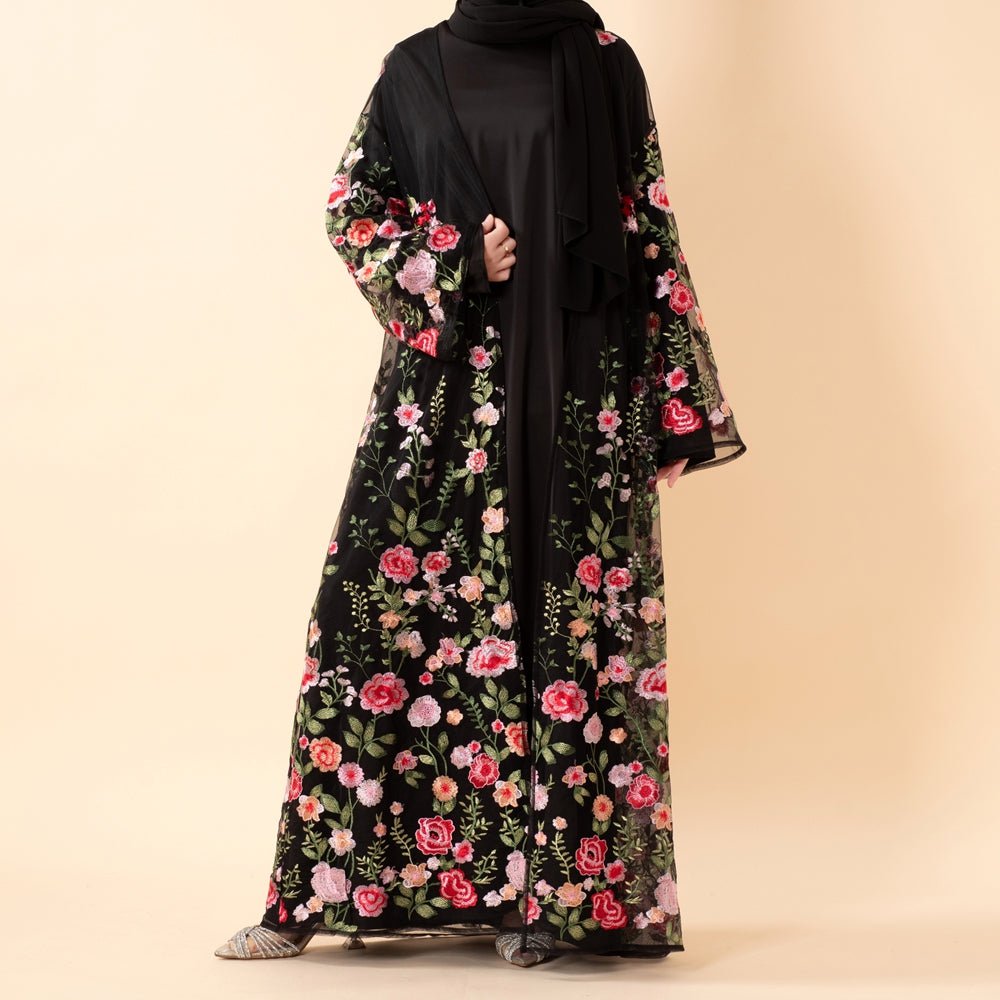3D - Style Rose Garden Embroidered Open Abaya | Pre Order (MOA275) - Mariam's Collection
