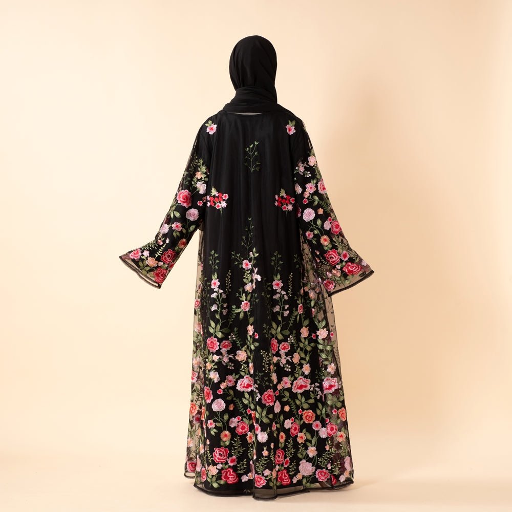3D - Style Rose Garden Embroidered Open Abaya | Pre Order (MOA275) - Mariam's Collection