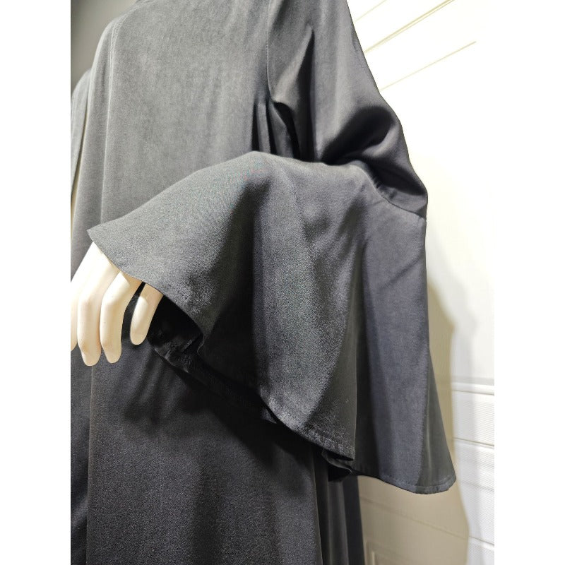Lotus Leaf Sleeve Solid Soft Satin Open Front Abaya Dress | Lightweight Modest Abaya Cover(MOA220)