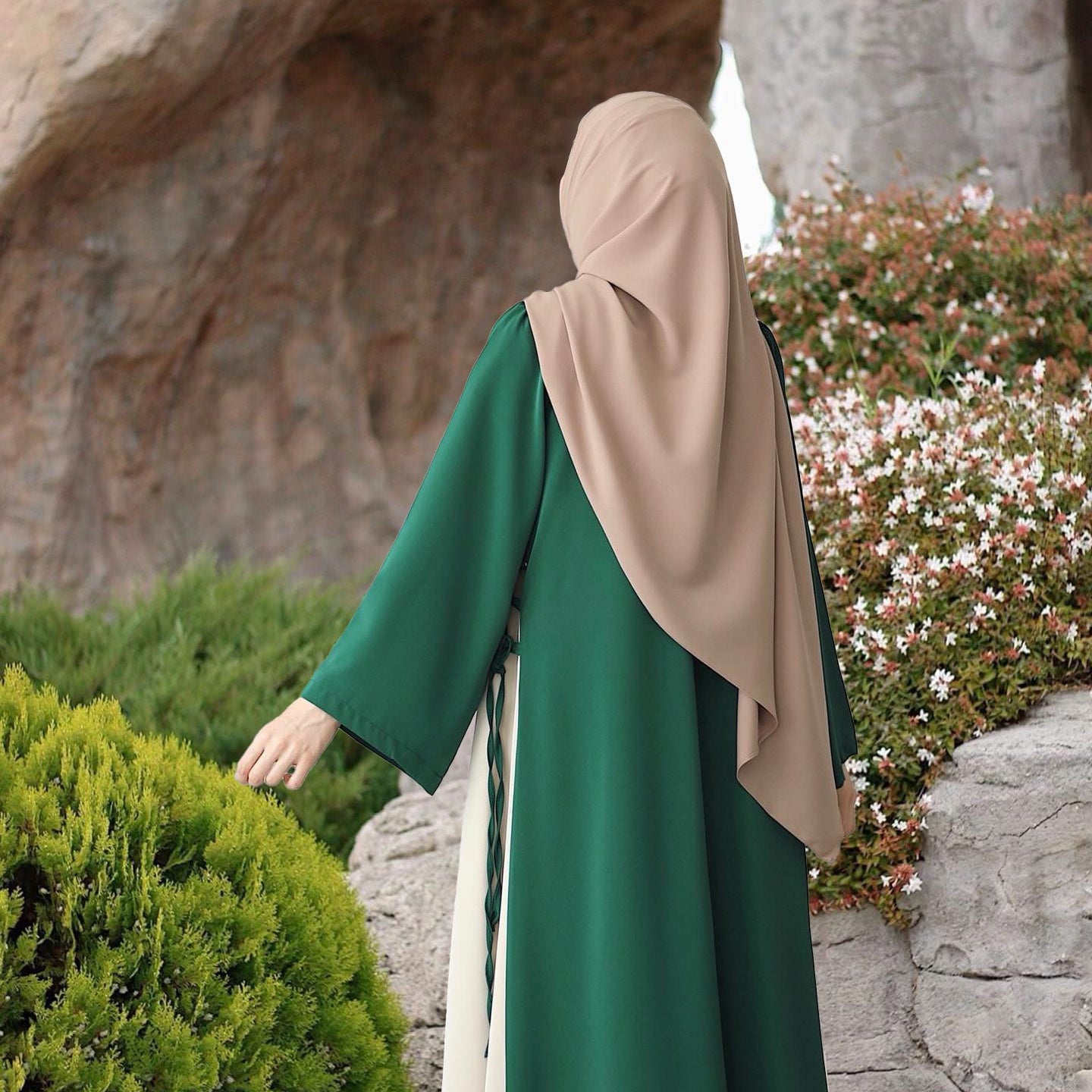 Colorblock Side-Tie Abaya | Two-Tone Round Neck Maxi Dress(MA362)