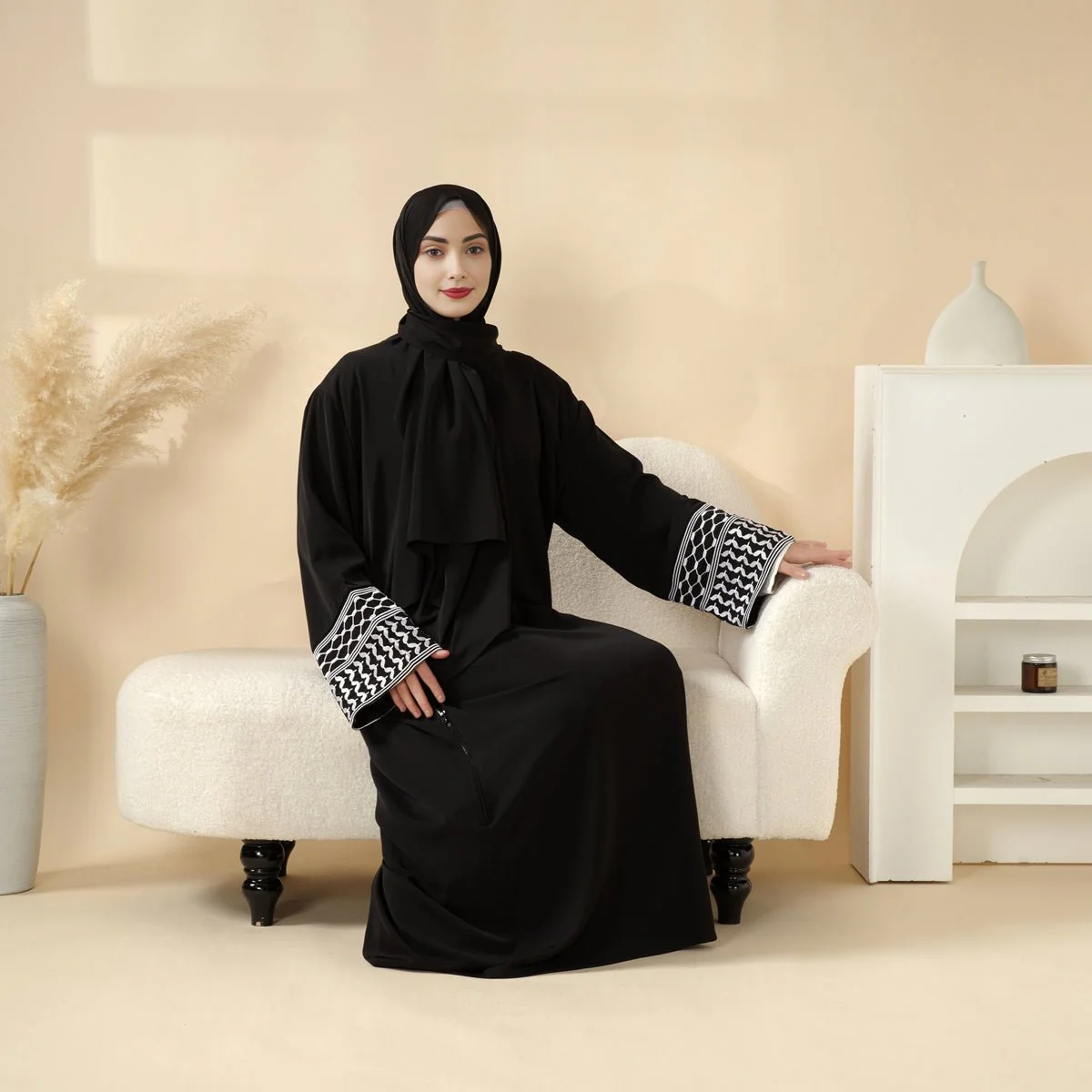 Archive Piece Keffiyeh-Embroidered Cuff Integrated Hijab Prayer Abaya - MP050 (Size Free Size Only)